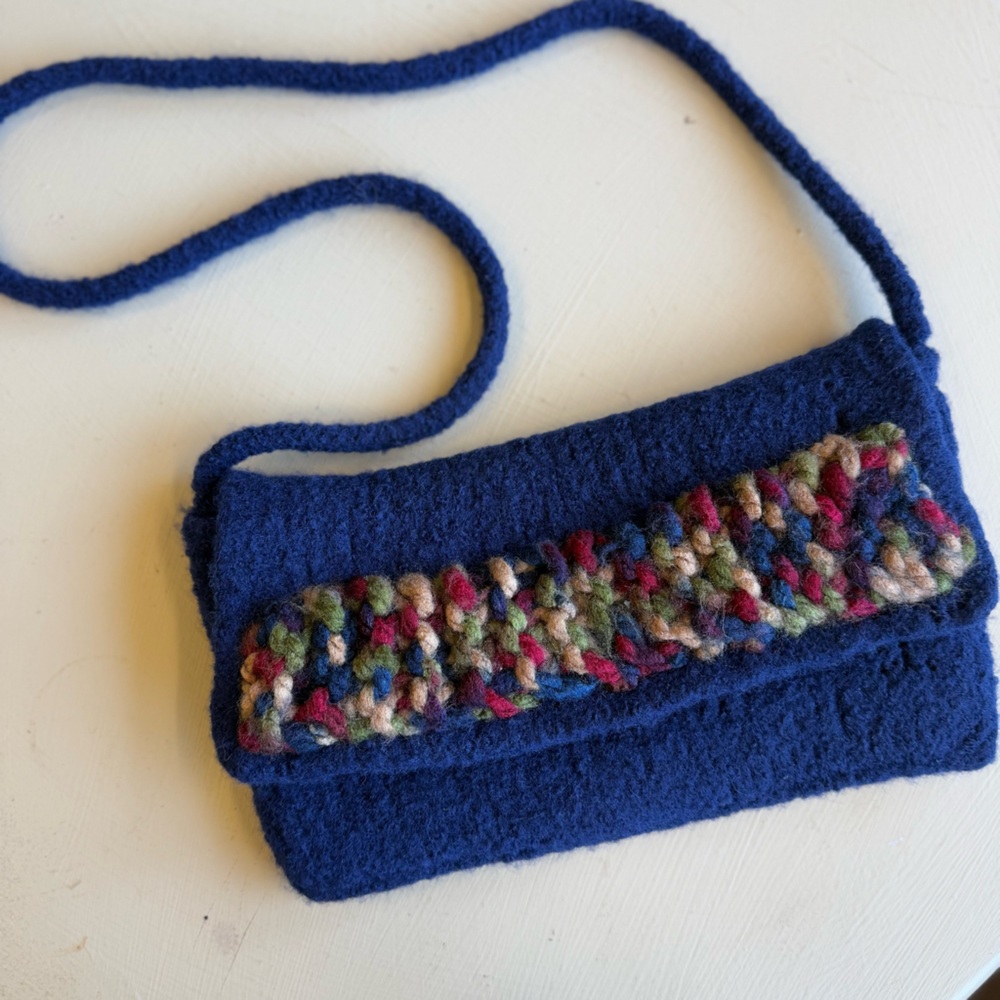 Felted Wool Shoulder Bag Royal Blue Multicolor Knit Boho Crossbody Unvranded